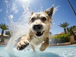 molhado e alegre cachorro saltando para dentro uma piscina em uma quente verão dia ai generativo foto