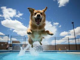 molhado e alegre cachorro saltando para dentro uma piscina em uma quente verão dia ai generativo foto