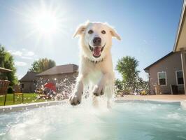 molhado e alegre cachorro saltando para dentro uma piscina em uma quente verão dia ai generativo foto