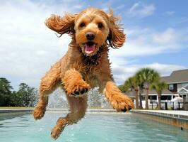 molhado e alegre cachorro saltando para dentro uma piscina em uma quente verão dia ai generativo foto