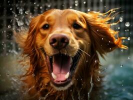 molhado e alegre cachorro saltando para dentro uma piscina em uma quente verão dia ai generativo foto