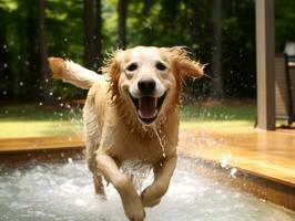 molhado e alegre cachorro saltando para dentro uma piscina em uma quente verão dia ai generativo foto