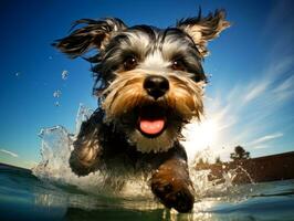 molhado e alegre cachorro saltando para dentro uma piscina em uma quente verão dia ai generativo foto