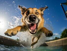 molhado e alegre cachorro saltando para dentro uma piscina em uma quente verão dia ai generativo foto