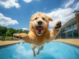 molhado e alegre cachorro saltando para dentro uma piscina em uma quente verão dia ai generativo foto