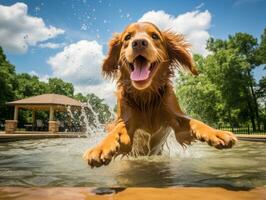 molhado e alegre cachorro saltando para dentro uma piscina em uma quente verão dia ai generativo foto