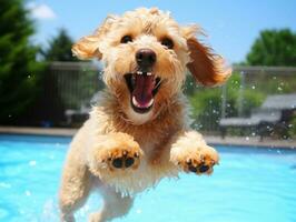 molhado e alegre cachorro saltando para dentro uma piscina em uma quente verão dia ai generativo foto