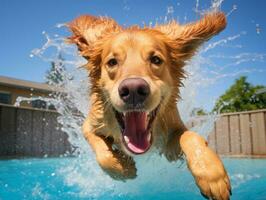 molhado e alegre cachorro saltando para dentro uma piscina em uma quente verão dia ai generativo foto