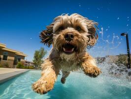 molhado e alegre cachorro saltando para dentro uma piscina em uma quente verão dia ai generativo foto