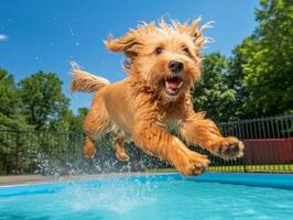 molhado e alegre cachorro saltando para dentro uma piscina em uma quente verão dia ai generativo foto