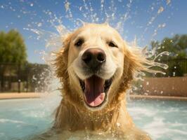 molhado e alegre cachorro saltando para dentro uma piscina em uma quente verão dia ai generativo foto