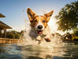 molhado e alegre cachorro saltando para dentro uma piscina em uma quente verão dia ai generativo foto