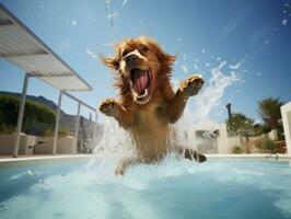 molhado e alegre cachorro saltando para dentro uma piscina em uma quente verão dia ai generativo foto