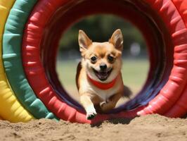 espirituoso cachorro corrida através a agilidade curso ai generativo foto