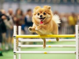 espirituoso cachorro corrida através a agilidade curso ai generativo foto