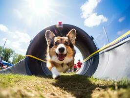 espirituoso cachorro corrida através a agilidade curso ai generativo foto