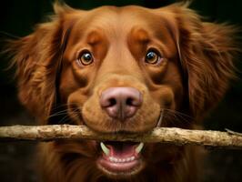 fiel cachorro com uma bastão dentro Está boca pronto para uma jogos do buscar ai generativo foto