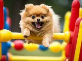 espirituoso cachorro corrida através a agilidade curso ai generativo foto