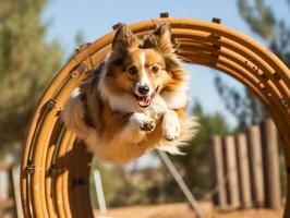 espirituoso cachorro corrida através a agilidade curso ai generativo foto