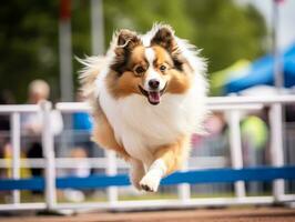 espirituoso cachorro corrida através a agilidade curso ai generativo foto