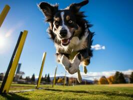 espirituoso cachorro corrida através a agilidade curso ai generativo foto