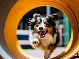 espirituoso cachorro corrida através a agilidade curso ai generativo foto