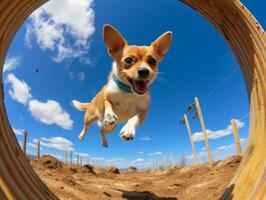 espirituoso cachorro corrida através a agilidade curso ai generativo foto