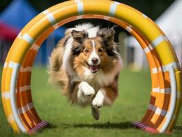 espirituoso cachorro corrida através a agilidade curso ai generativo foto