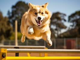 espirituoso cachorro corrida através a agilidade curso ai generativo foto