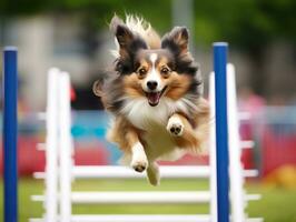 espirituoso cachorro corrida através a agilidade curso ai generativo foto