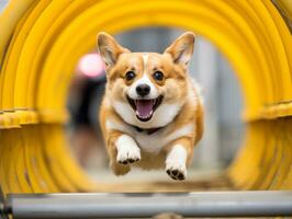 espirituoso cachorro corrida através a agilidade curso ai generativo foto