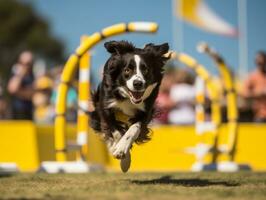 espirituoso cachorro corrida através a agilidade curso ai generativo foto