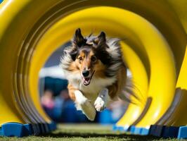 espirituoso cachorro corrida através a agilidade curso ai generativo foto