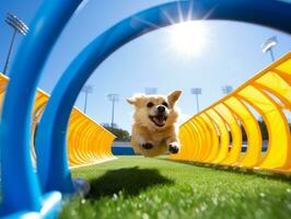 espirituoso cachorro corrida através a agilidade curso ai generativo foto