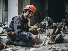 especializado procurar e resgate cachorro trabalhando diligentemente dentro uma desastre área ai generativo foto