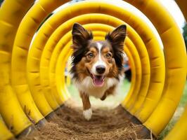 espirituoso cachorro corrida através a agilidade curso ai generativo foto