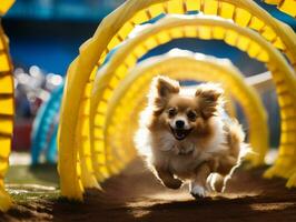 espirituoso cachorro corrida através a agilidade curso ai generativo foto