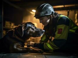 especializado procurar e resgate cachorro trabalhando diligentemente dentro uma desastre área ai generativo foto