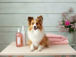 sereno cachorro desfrutando uma massagem às uma animal spa ai generativo foto