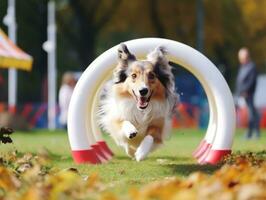 espirituoso cachorro corrida através a agilidade curso ai generativo foto