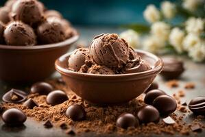 chocolate gelo creme bolas dentro tigela com cacau pó e doces. ai generativo foto