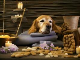 sereno cachorro desfrutando uma massagem às uma animal spa ai generativo foto