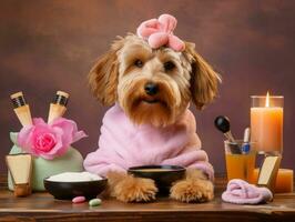 sereno cachorro desfrutando uma massagem às uma animal spa ai generativo foto