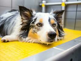 sereno cachorro desfrutando uma massagem às uma animal spa ai generativo foto