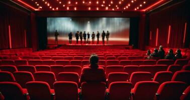 cinema auditório com vermelho assentos e projetor tela. costas Visão do irreconhecível pessoas sentado dentro cinema corredor. ai generativo foto