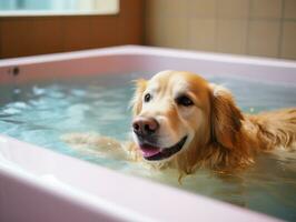 sereno cachorro desfrutando uma massagem às uma animal spa ai generativo foto