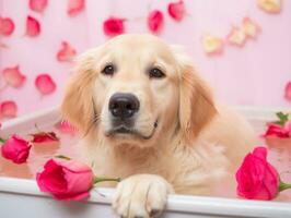 sereno cachorro desfrutando uma massagem às uma animal spa ai generativo foto