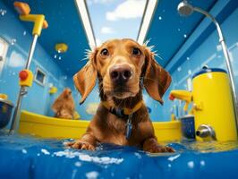 sereno cachorro desfrutando uma massagem às uma animal spa ai generativo foto