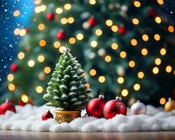 Natal árvore com enfeite e bokeh luzes fundo foto