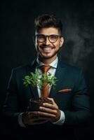 uma casual homem carrinhos segurando uma verde plantar dentro uma pequeno Panela. a empreendedor empregado é feliz com uma crescendo plantar. comece projetos, lucros, investimentos e crescimento Ideias. ai generativo foto